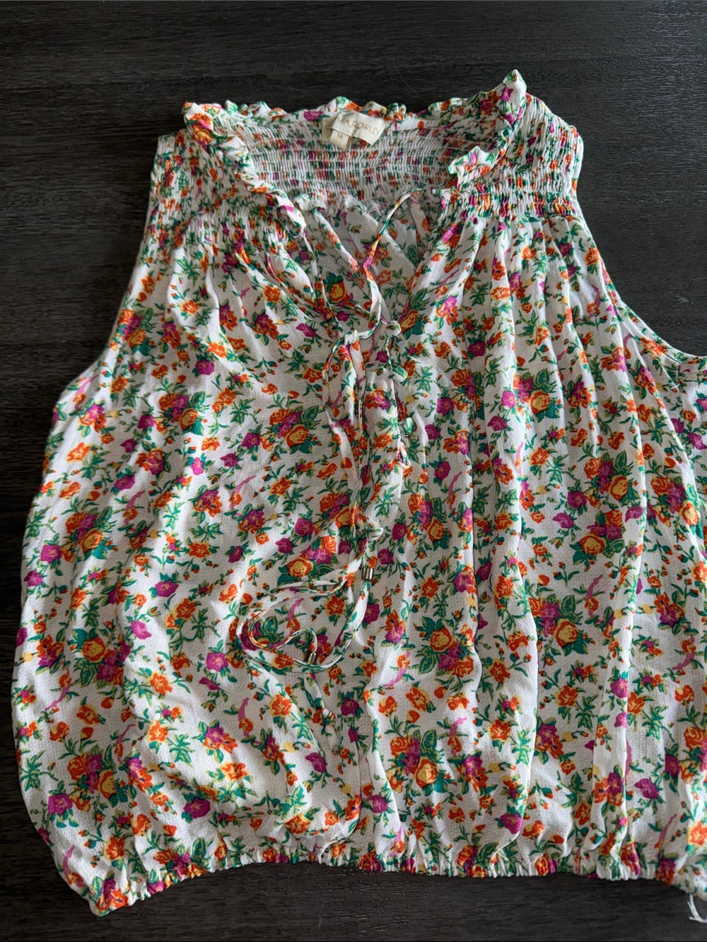 Cynthia Rowley White Floral Smocked Tie-Front Sleeveless Top